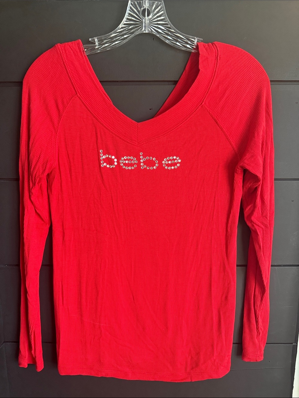 bebe Red Ribbed Long-Sleeve Top with Crystal Logo